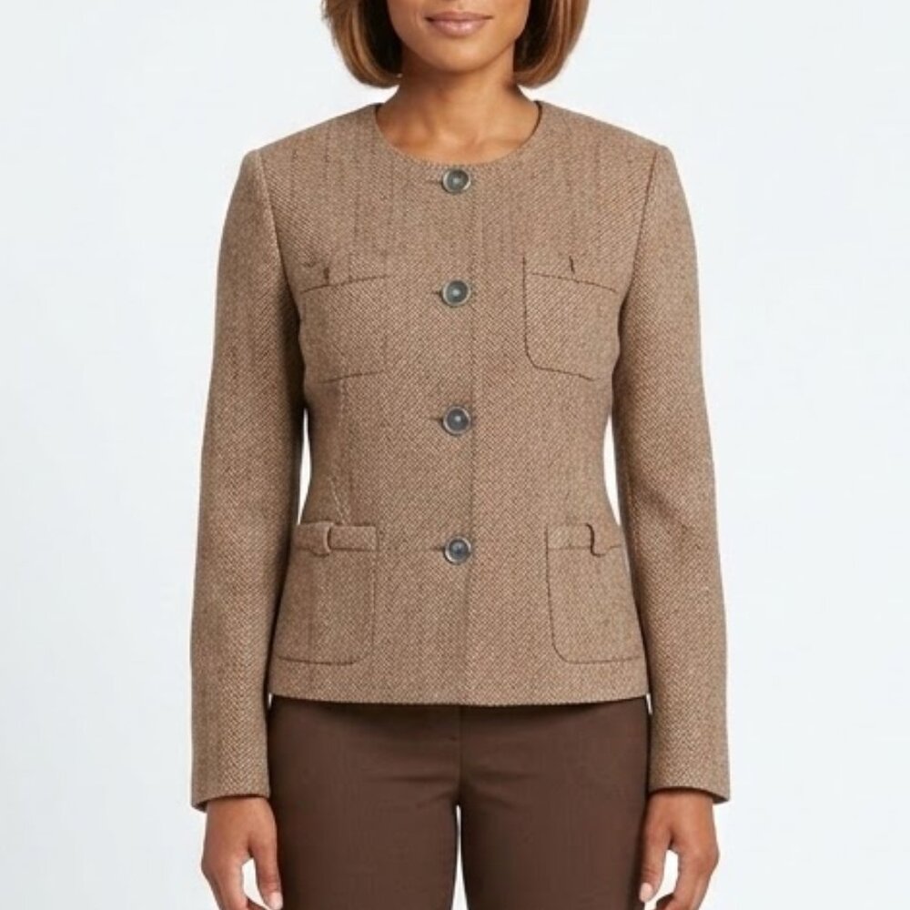 Cabi Penny Cotton Blend Blazer Jacket Herringbone Tweed Confetti Fleck Brown L